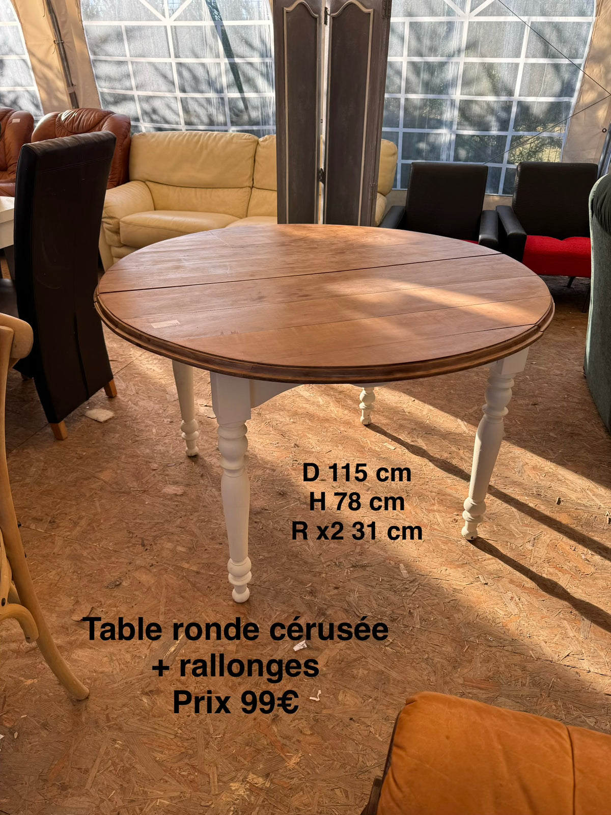 Table ronde cérusée + rallonges 068561