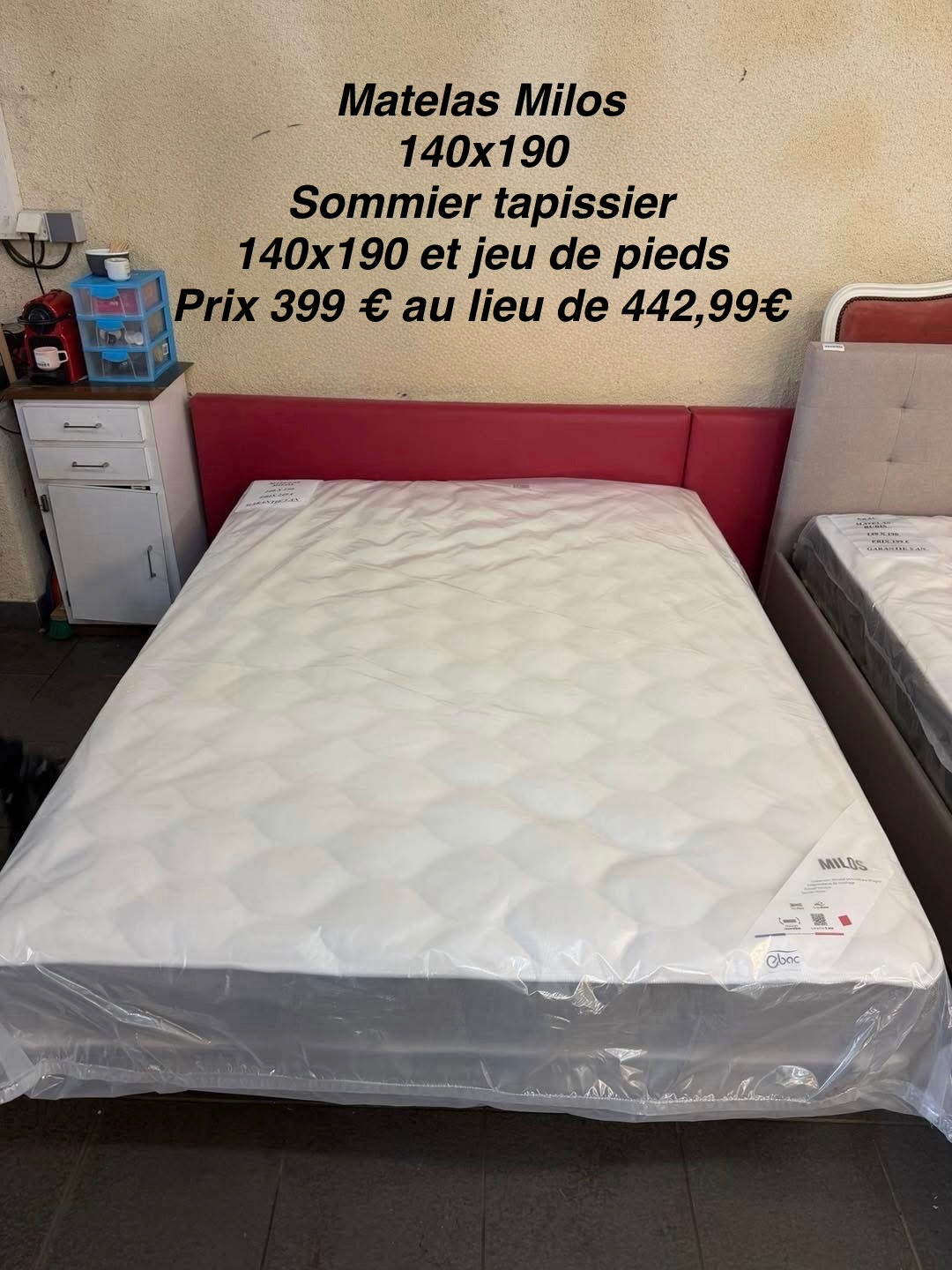 Pack literie matelas /sommier et jeu de pieds Milos 140/190