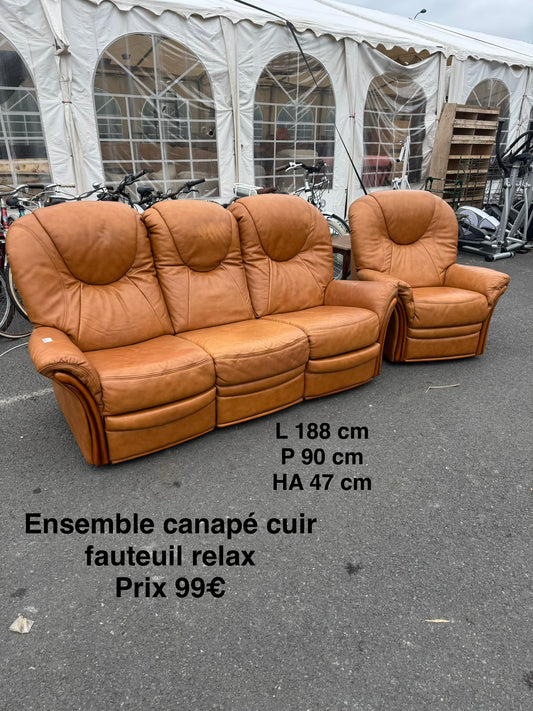 Ensemble canapé cuir fauteuil relax 067818