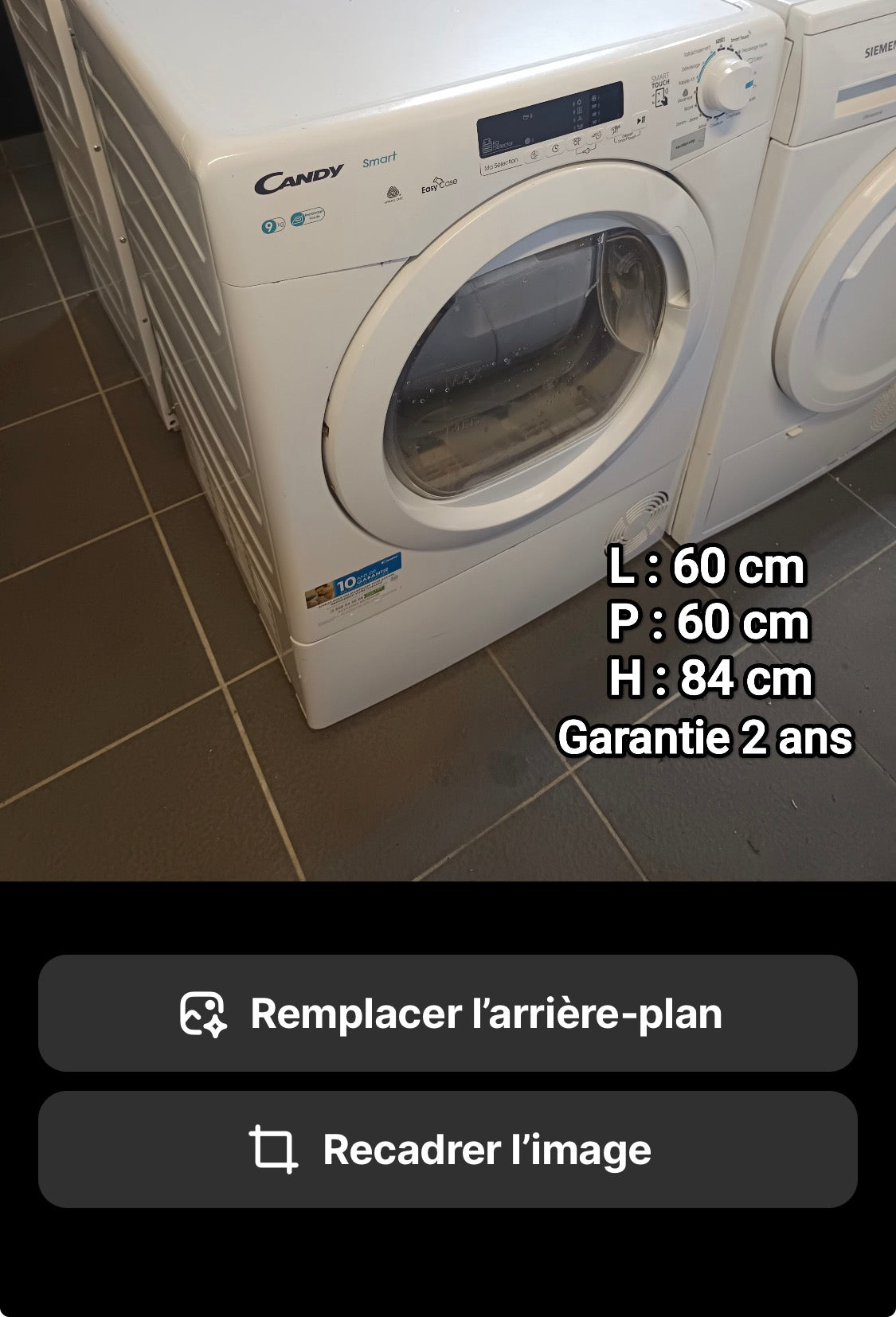 Sèche linge condensation Candy 9Kg 048094