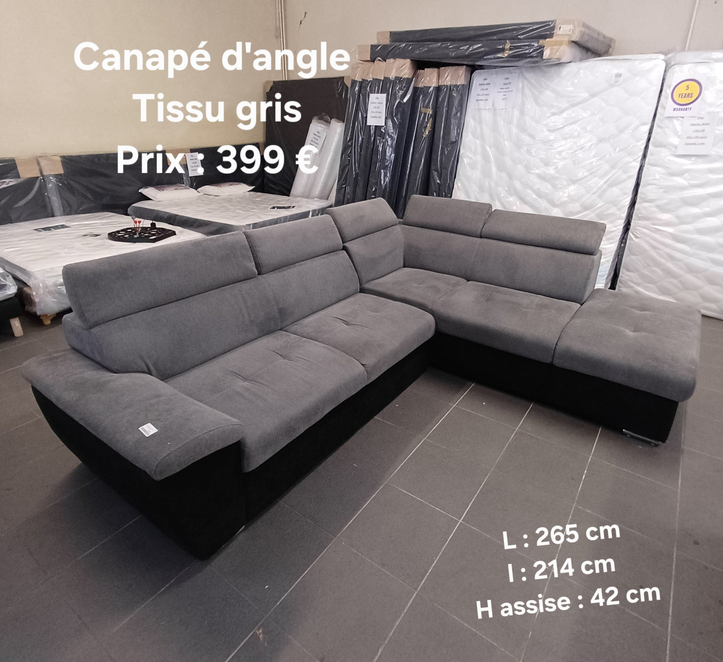 Canapé d'angle Tissu gris 048338